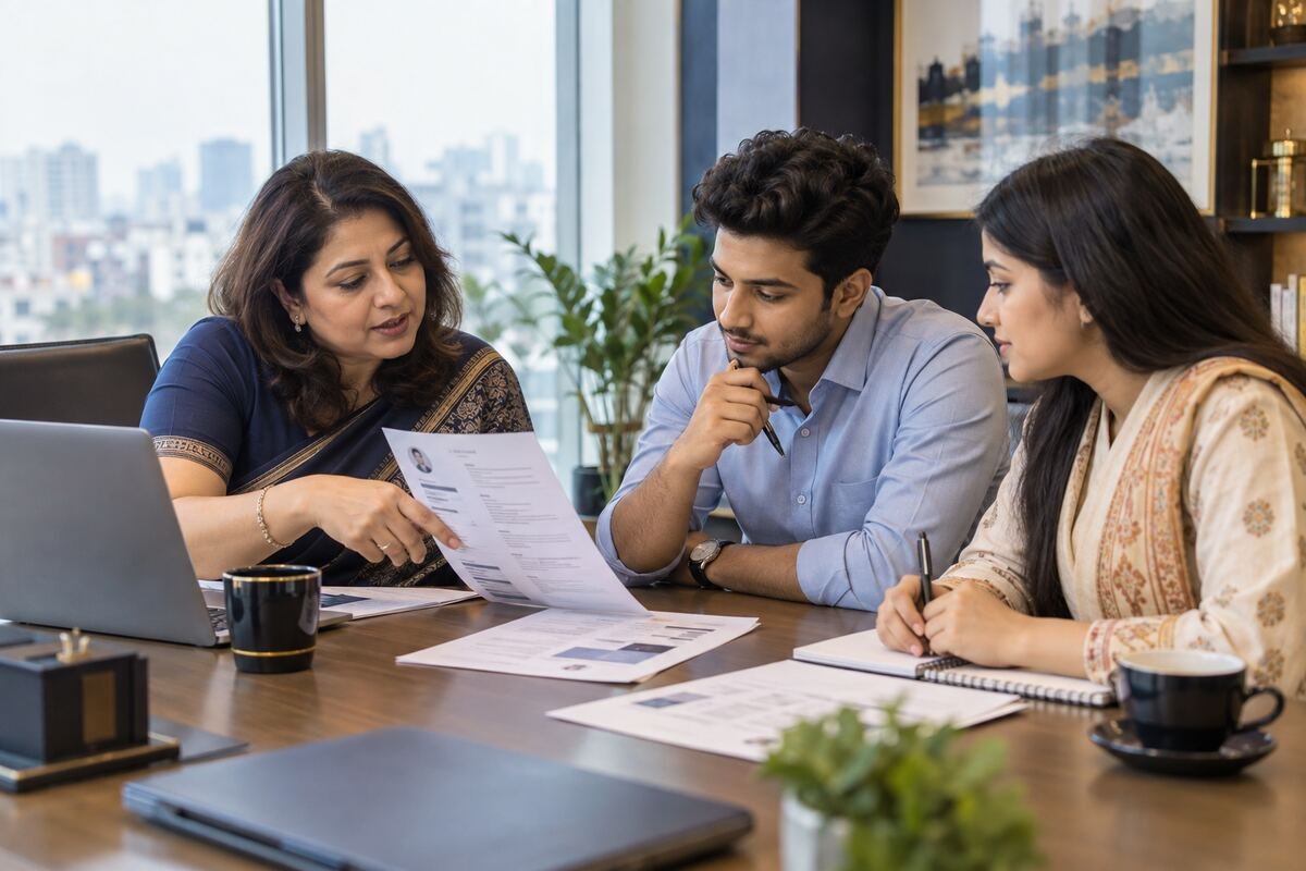 HR recruiter reviewing a CV with Bangladeshi job seekers during an interview coaching session