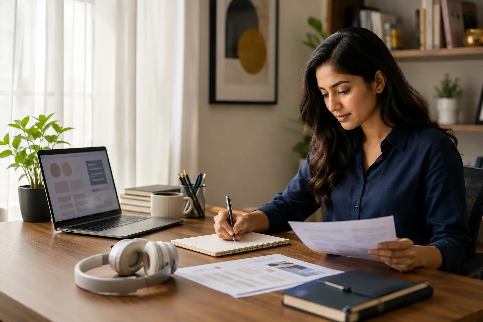 A Bangladeshi jobseeker planning her career with a laptop and notes